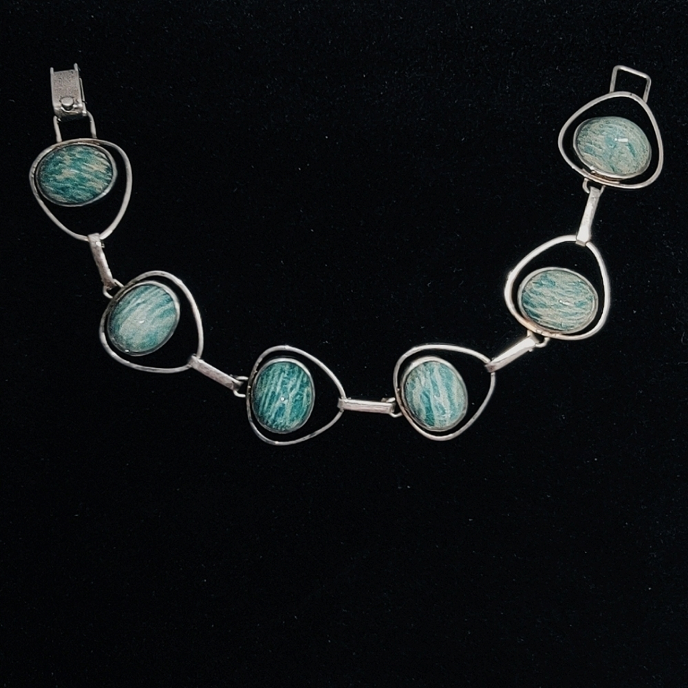 VINTAGE Sterling Silver Bracelet with Amazonite Cabachons